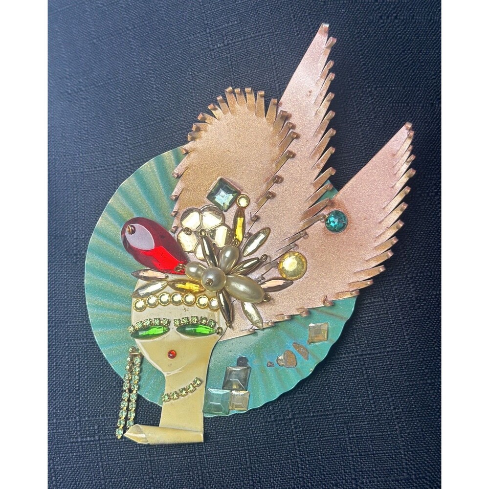 Vintage Lady Head Art deco style Mixed Media Jeweled Brooch Wearable Art OOAK